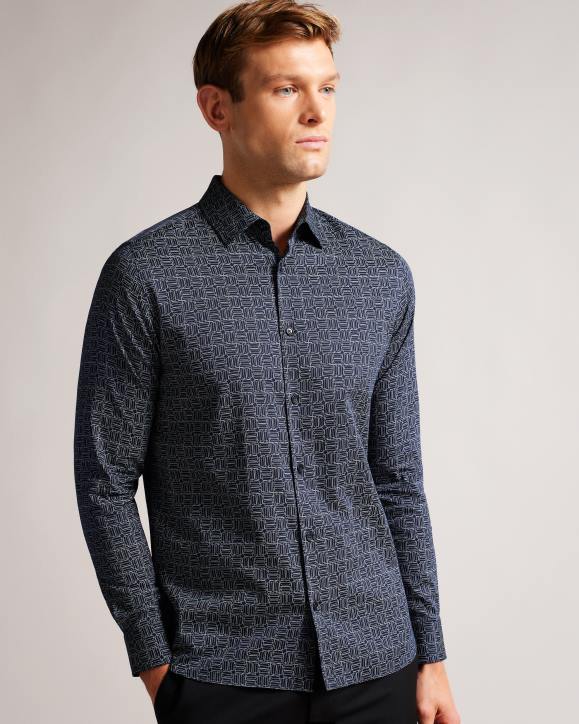 Ted Baker Andover Long Sleeve Geometric Print Shirt Navy Clothing Men TLPL1422