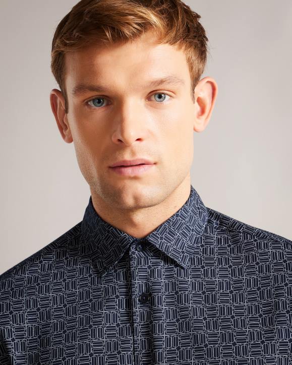 Ted Baker Andover Long Sleeve Geometric Print Shirt Navy Clothing Men TLPL1422