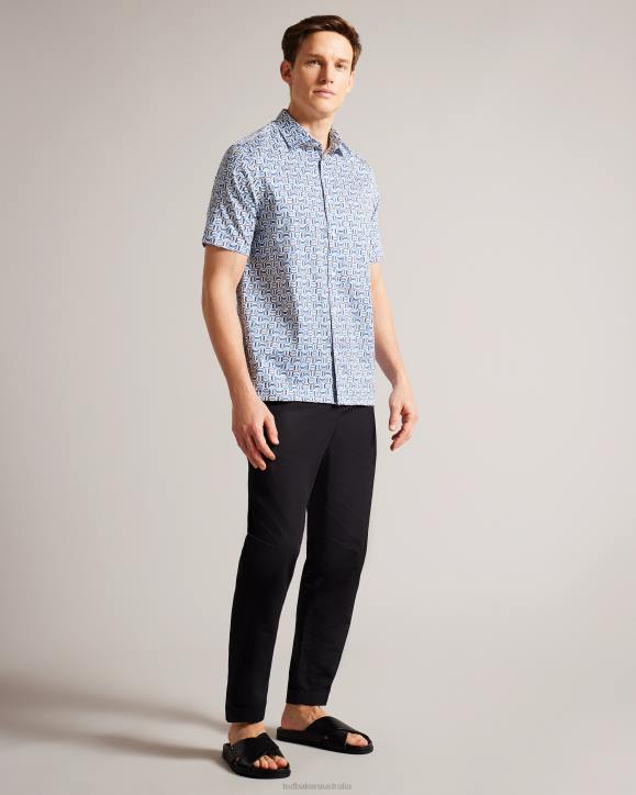 Ted Baker Astun Short Sleeve Cotton Stretch Shirt Blue Clothing Men TLPL1430