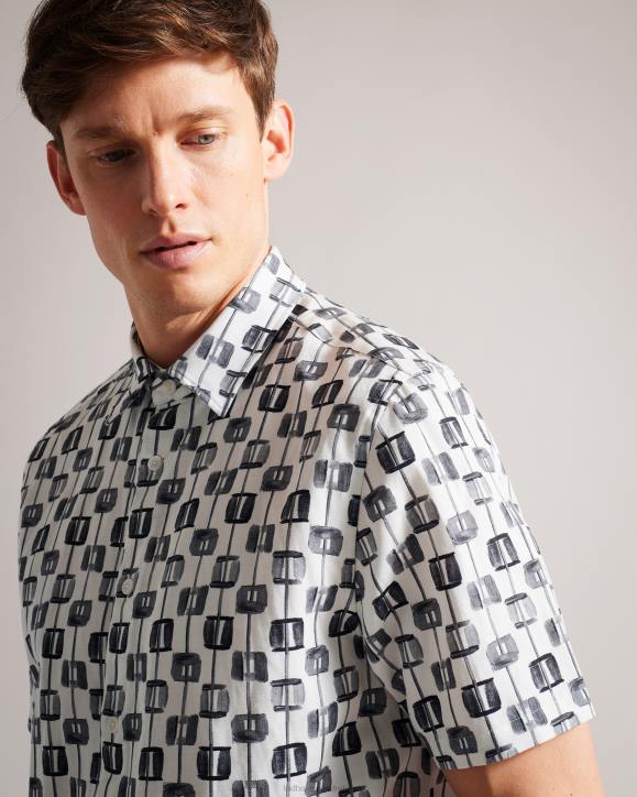 Ted Baker Erice Painted Geometric Short Sleeve Shirt Ecru Clothing Men TLPL1605