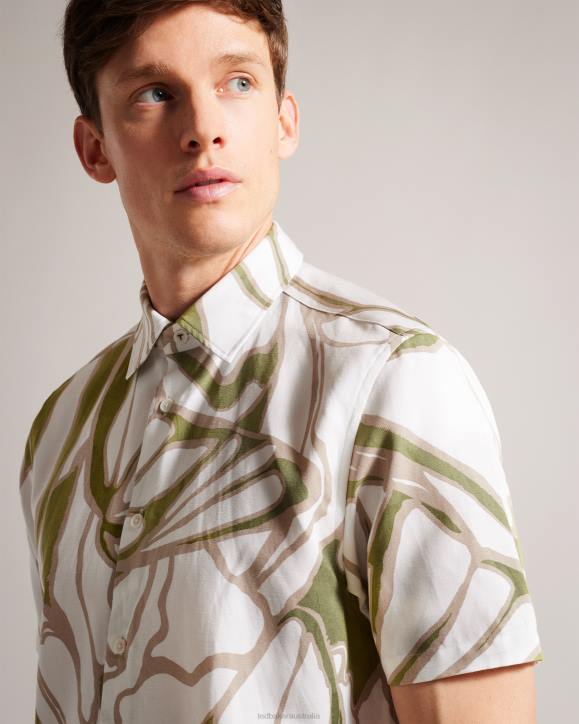 Ted Baker Errew Short Sleeve Abstract Print Shirt Ecru Clothing Men TLPL1549