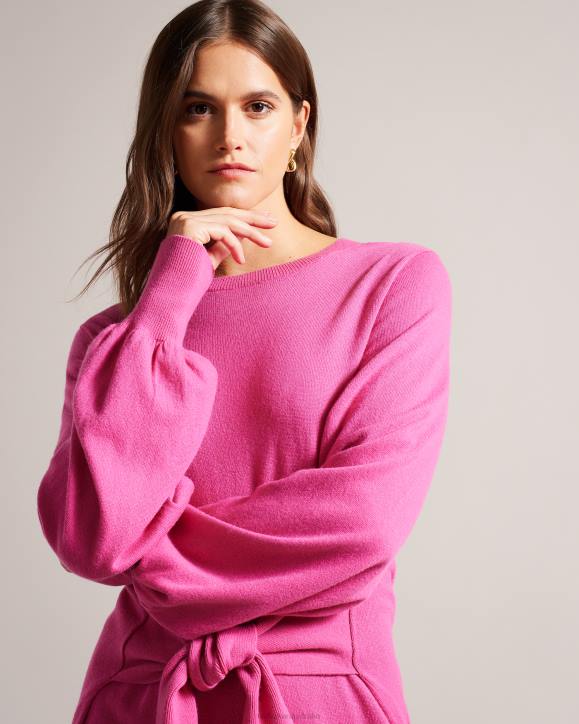 Ted Baker Essya Slouchy Tie Front Midi Knit Dress Bright Pink Clothing Women TLPL102