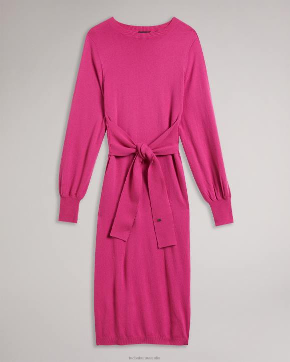 Ted Baker Essya Slouchy Tie Front Midi Knit Dress Bright Pink Clothing Women TLPL102