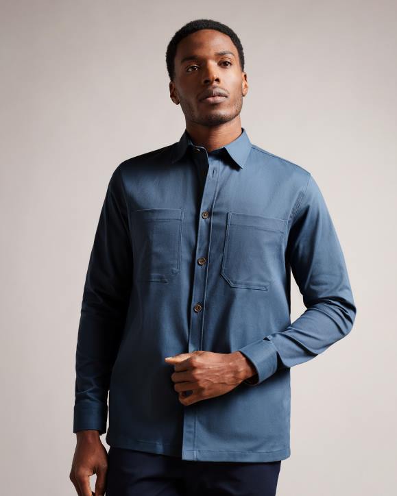 Ted Baker Hasting Long Sleeve Twill Overshirt Medium Blue Clothing Men TLPL1248