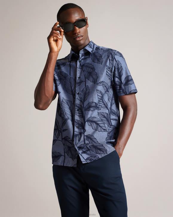 Ted Baker Howth Short Sleeve Leaf Print Shirt Blue Clothing Men TLPL1488