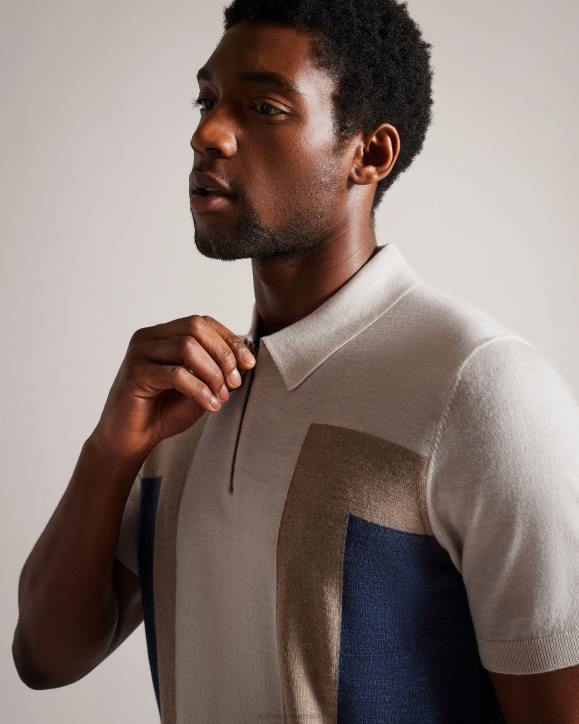 Ted Baker Larbrot Short Sleeve Zip Neck Polo Ecru Clothing Men TLPL1328