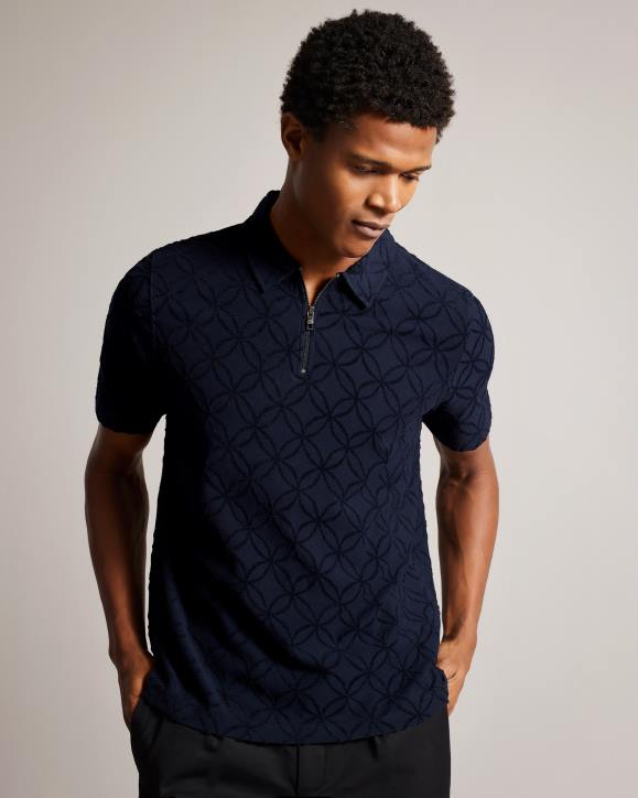 Ted Baker Maroc Short Sleeve Zip Jacquard Polo Shirt NAVY Clothing Men TLPL1428
