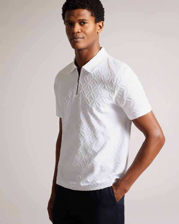 Ted Baker Maroc Short Sleeve Zip Jacquard Polo Shirt WHITE Clothing Men TLPL1404