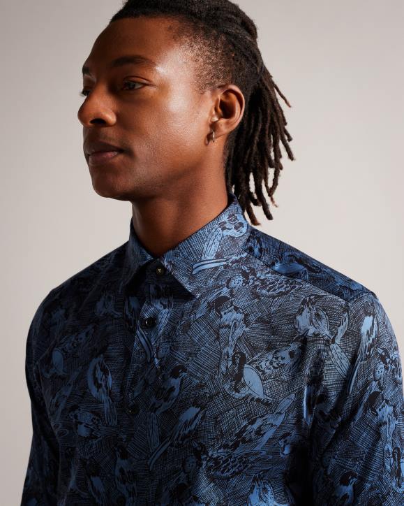 Ted Baker Mullen Long Sleeve Hand Drawn Bird Print Shirt Medium Blue Clothing Men TLPL1280