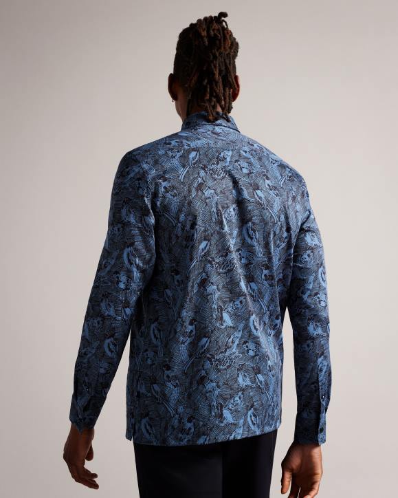 Ted Baker Mullen Long Sleeve Hand Drawn Bird Print Shirt Medium Blue Clothing Men TLPL1280