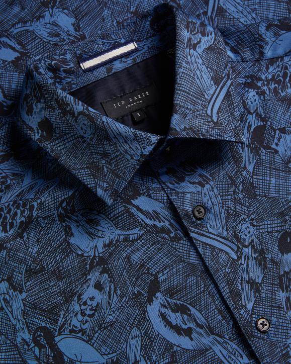 Ted Baker Mullen Long Sleeve Hand Drawn Bird Print Shirt Medium Blue Clothing Men TLPL1280