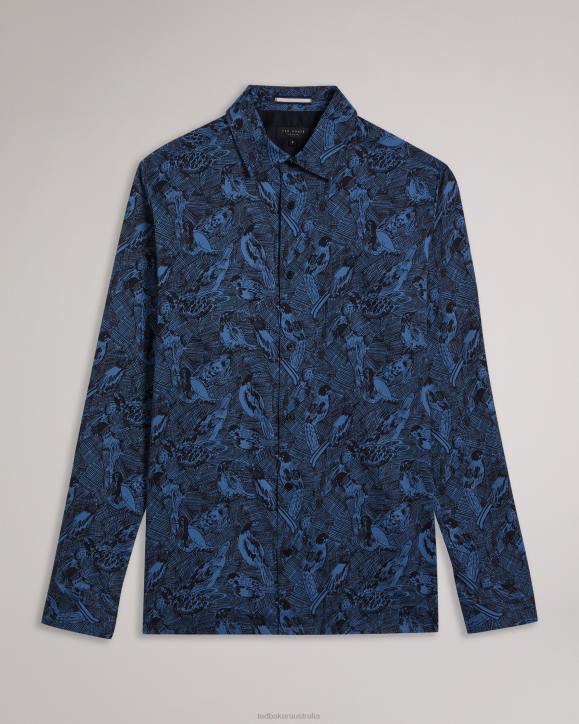 Ted Baker Mullen Long Sleeve Hand Drawn Bird Print Shirt Medium Blue Clothing Men TLPL1280