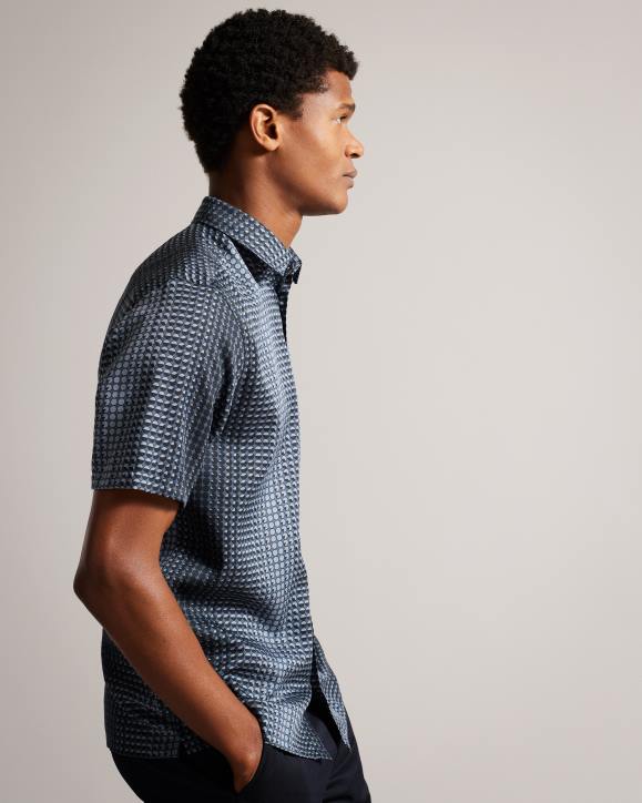 Ted Baker Munden Short Sleeve Geometric Print Lyocell Shirt Navy Clothing Men TLPL1540