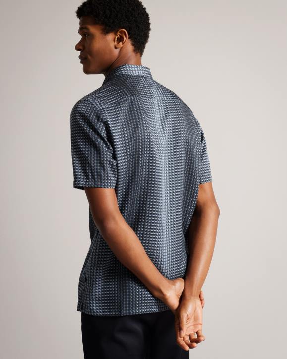 Ted Baker Munden Short Sleeve Geometric Print Lyocell Shirt Navy Clothing Men TLPL1540