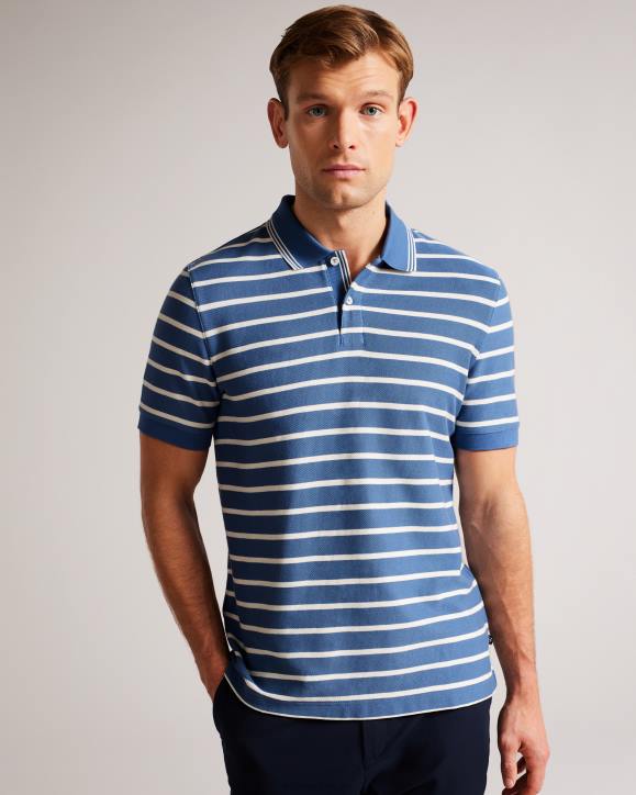 Ted Baker Nivenn Short Sleeve Regular Fit Striped Polo Shirt Dark Blue Clothing Men TLPL1427