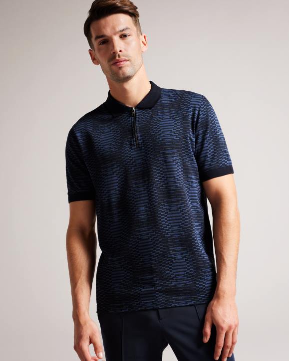 Ted Baker Ono Short Sleeve Jacquard Spot Polo Shirt Navy Clothing Men TLPL1444