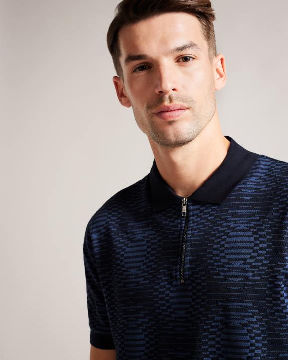 Ted Baker Ono Short Sleeve Jacquard Spot Polo Shirt Navy Clothing Men TLPL1444