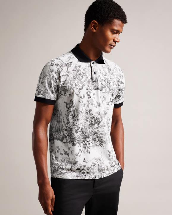 Ted Baker Quinten Short Sleeve Botanical Print Polo Shirt White Clothing Men TLPL1323