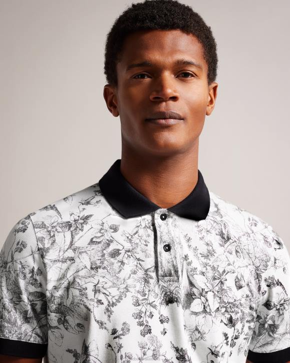 Ted Baker Quinten Short Sleeve Botanical Print Polo Shirt White Clothing Men TLPL1323