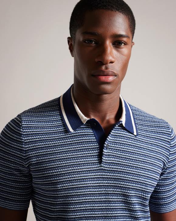 Ted Baker Radwint Short Sleeve Textured Striped Polo Shirt Dark Blue Clothing Men TLPL1304