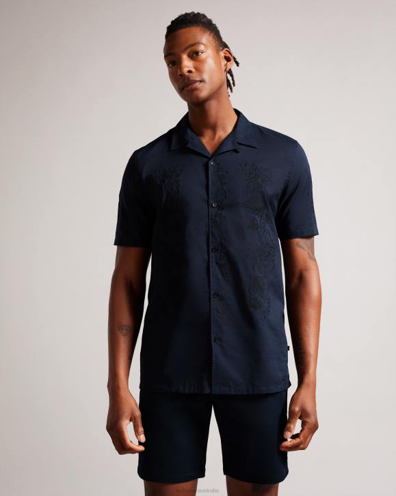 Ted Baker Ranney Short Sleeve Cotton Shirt With Floral Embroidery Navy Clothing Men TLPL1505