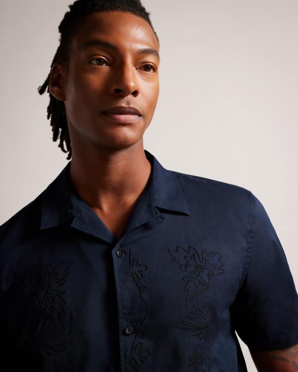 Ted Baker Ranney Short Sleeve Cotton Shirt With Floral Embroidery Navy Clothing Men TLPL1505