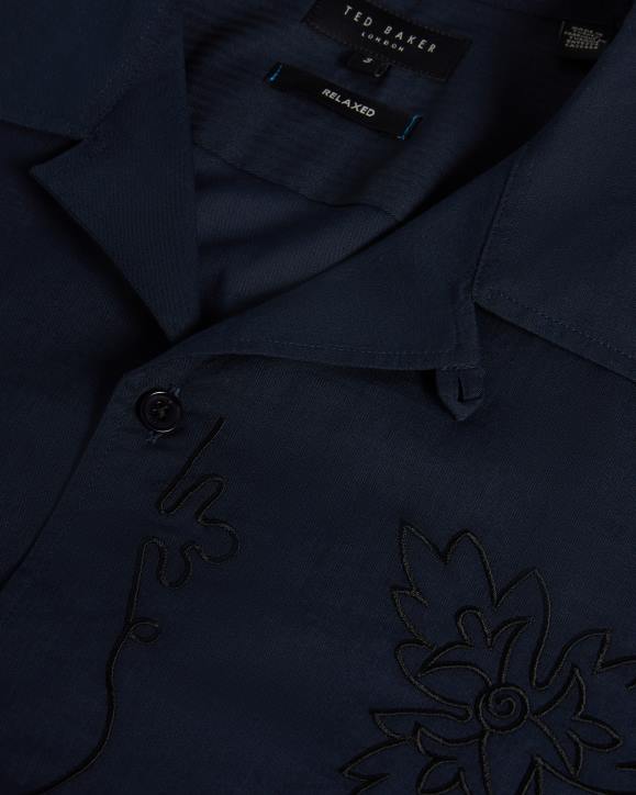 Ted Baker Ranney Short Sleeve Cotton Shirt With Floral Embroidery Navy Clothing Men TLPL1505