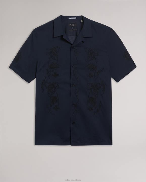 Ted Baker Ranney Short Sleeve Cotton Shirt With Floral Embroidery Navy Clothing Men TLPL1505