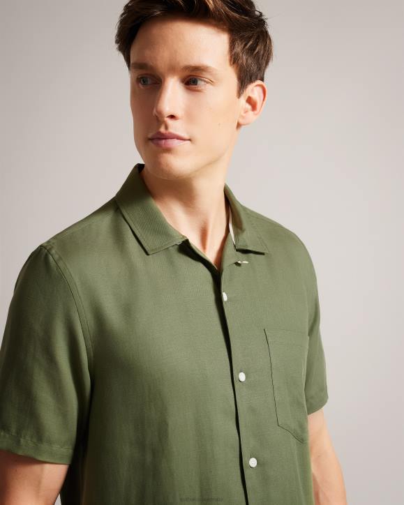 Ted Baker Wesland Short Sleeve Tencel Linen Revera Collar Shirt Olive Clothing Men TLPL1416