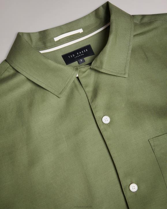 Ted Baker Wesland Short Sleeve Tencel Linen Revera Collar Shirt Olive Clothing Men TLPL1416