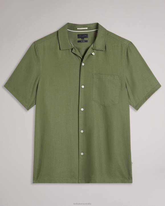Ted Baker Wesland Short Sleeve Tencel Linen Revera Collar Shirt Olive Clothing Men TLPL1416