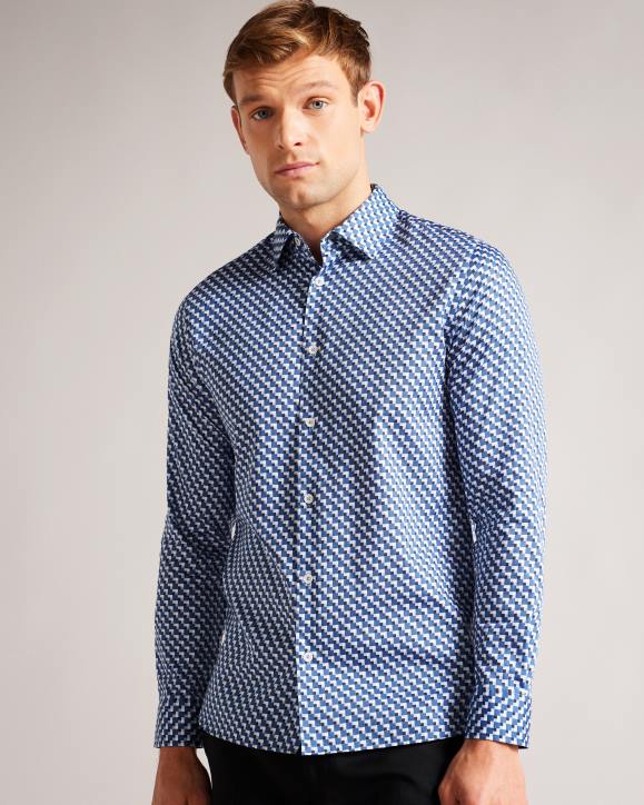 Ted Baker Barder Long Sleeve Cotton Stretch Geometric Shirt Dark Blue Clothing Men TLPL1421