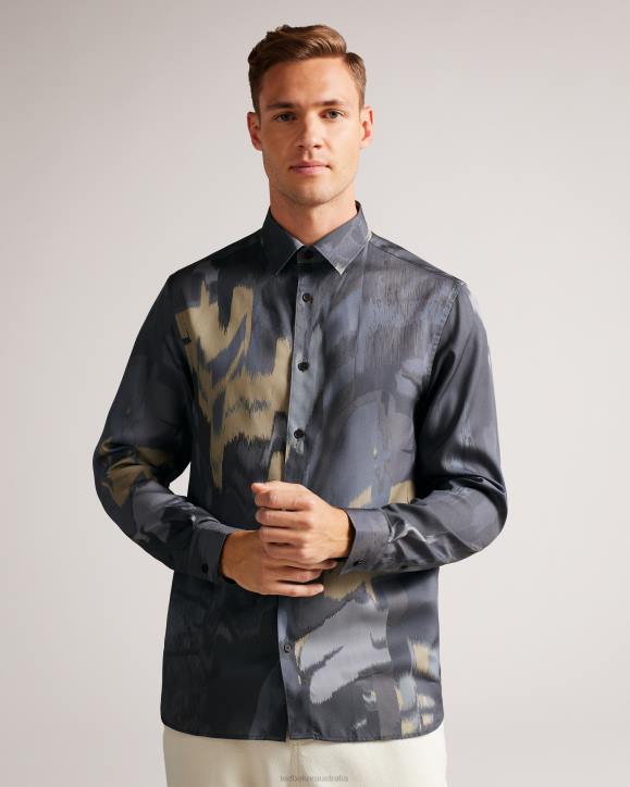 Ted Baker Mordun Long Sleeve Abstract Butterfly Print Shirt Gray Clothing Men TLPL1252