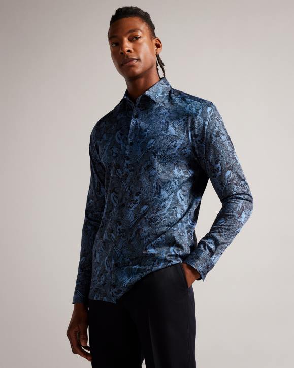 Ted Baker Mullen Long Sleeve Hand Drawn Bird Print Shirt Medium Blue Clothing Men TLPL1280