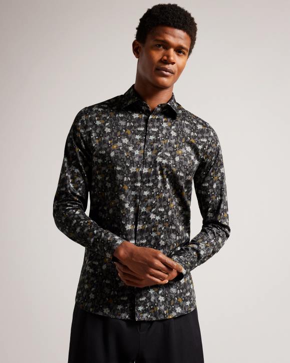 Ted Baker Torted Long Sleeve Floral Print Shirt Gray Clothing Men TLPL1226