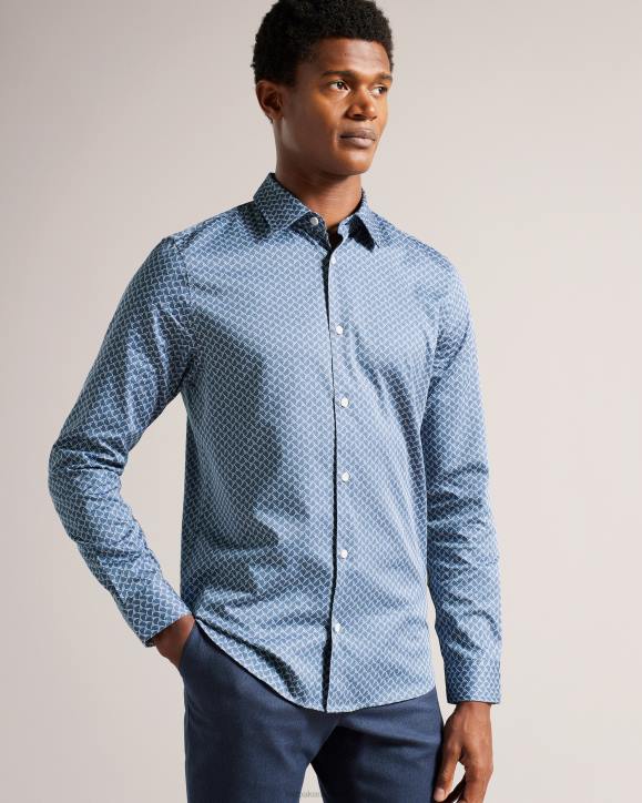 Ted Baker Willuw Long Sleeve Geometric Print Shirt Blue Clothing Men TLPL1223