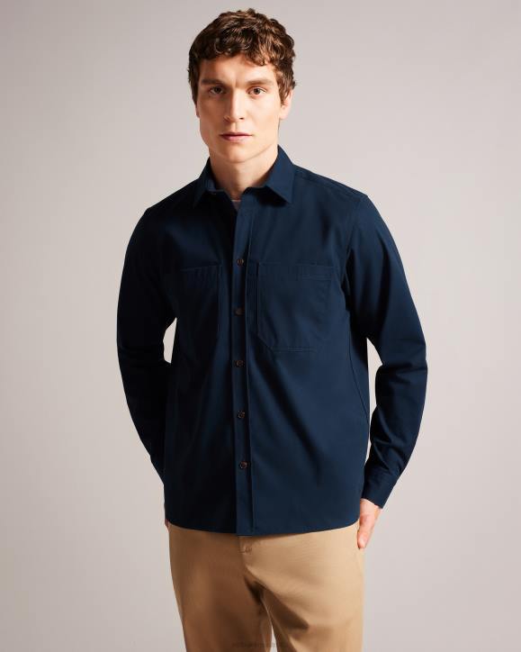 Ted Baker Almur Long Sleeve Brushed Twill Overshirt Navy Clothing Men TLPL1242