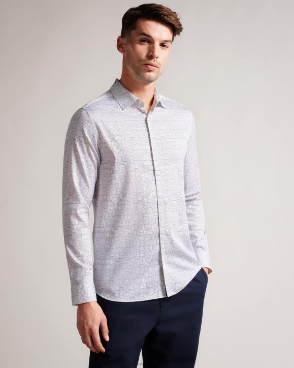 Ted Baker Andover Long Sleeve Geometric Print Shirt White Clothing Men TLPL1521