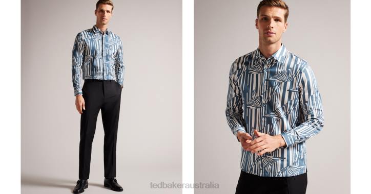 Ted Baker Chorley Long Sleeve Butterfly Stripe Print Shirt Blue Clothing Men TLPL1296