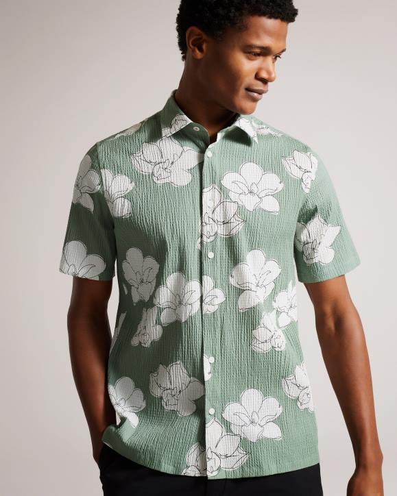 Ted Baker Coving Short Sleeve Large Floral Print Shirt Light Green Clothing Men TLPL1375
