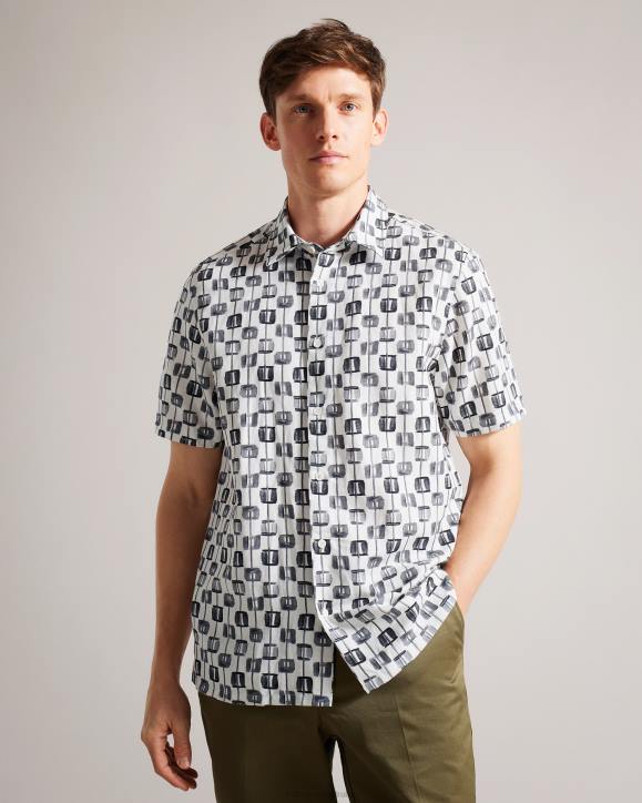 Ted Baker Erice Painted Geometric Short Sleeve Shirt Ecru Clothing Men TLPL1605