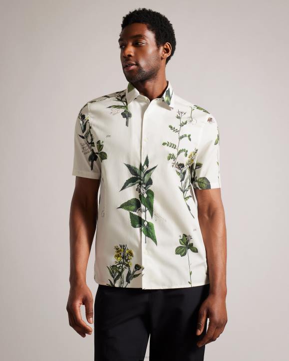 Ted Baker Gort Short Sleeve Botanical Print Shirt Ecru Clothing Men TLPL1614