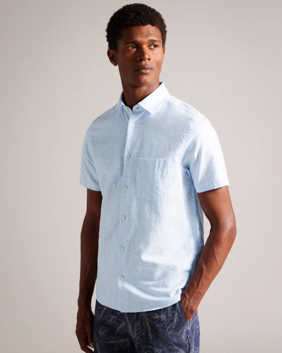 Ted Baker Kingfrd Short Sleeve Linen Shirt Light Blue Clothing Men TLPL1306