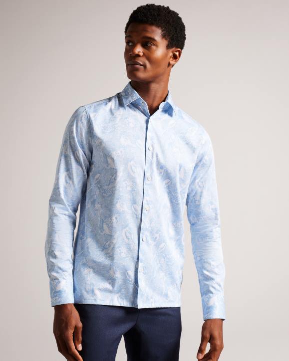 Ted Baker Mullen Long Sleeve Hand Drawn Bird Print Shirt Light Blue Clothing Men TLPL1269
