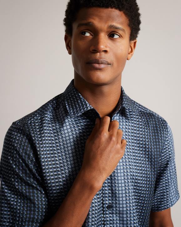 Ted Baker Munden Short Sleeve Geometric Print Lyocell Shirt Navy Clothing Men TLPL1540