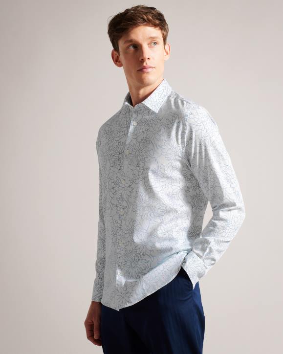 Ted Baker Neale Long Sleeve Floral Outline Print Shirt White Clothing Men TLPL1603