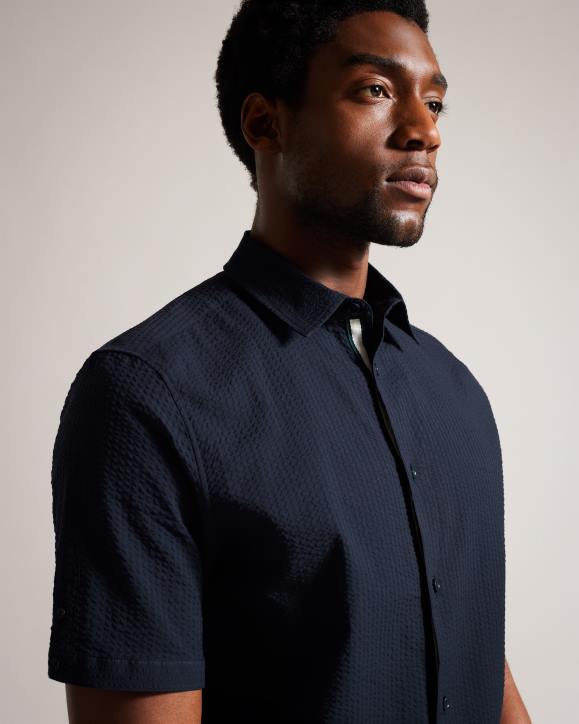 Ted Baker Stansho Short Sleeve Seersucker Shirt Navy Clothing Men TLPL1362