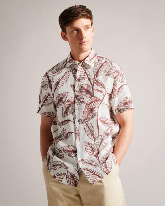 Ted Baker Tagus Short Sleeve Leaf Print Linen Shirt Dark Orange Clothing Men TLPL1618