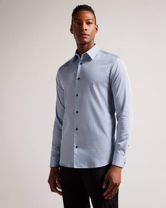 Ted Baker Wanson Long Sleeve Herringbone Geo Shirt Pale Blue Clothing Men TLPL1377
