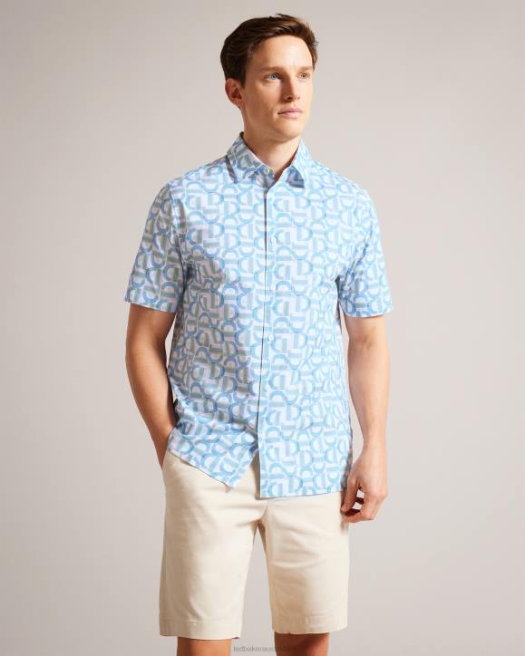 Ted Baker Glais Short Sleeve Branded Letter Shirt Pale Blue Clothing Men TLPL1489